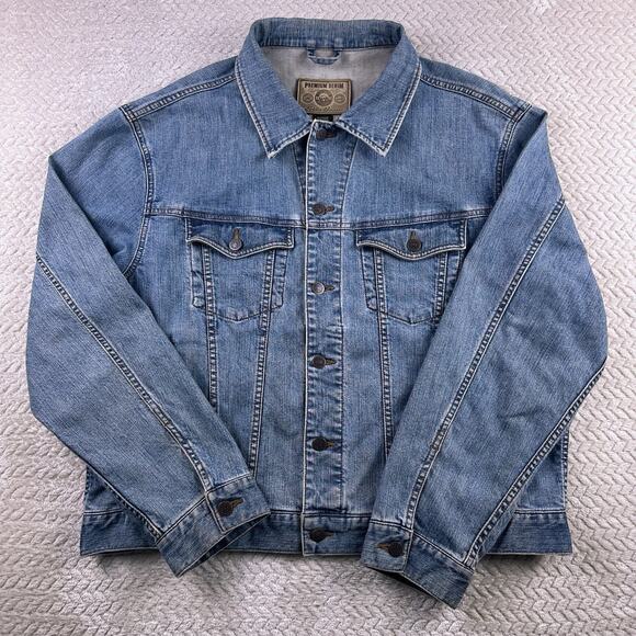 Eddie Bauer Trucker Jean Jacket Mens XL Denim Blue Cowboy motorcycle Grunge - Picture 2 of 14